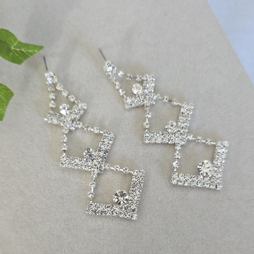 Statement Silver with Clear Rhinestone Drop Earrings